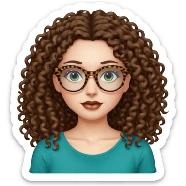 a blue green eyed woman with very very long brunette curly hair, full lips,and pale skin. She is wearing a leopard printed thin round-ish glasses . She is wearing a brown tshirt with a wide neck opening. sticker