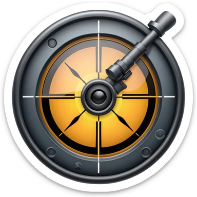 An icon showing a close-up view of a rifle's crosshair, symbolizing FPS games. The design features a detailed scope with a focus on the target, emphasizing precision and action. The background is minimal, highlighting the intensity of first-person shooters. Transparent background. sticker