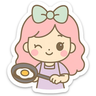 A kawaii chibi anime style girl with pink hair and a mint green bow, cooking and holding a pan with a fried egg, smiling and winking. Use flat pastel colors, thick outlines, and simple cute features. Transparent background. sticker