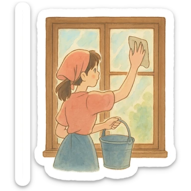 ghibli style illustration of a window being cleaned, gentle lighting, soft colors sticker