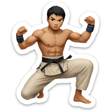 ​Cinematic Realistic Portrait of Tony Jaa, a close-up depiction capturing his intense, determined expression and finely detailed features, rendered with dramatic natural lighting that emphasizes his rugged athleticism and unmistakable martial arts presence, sticker