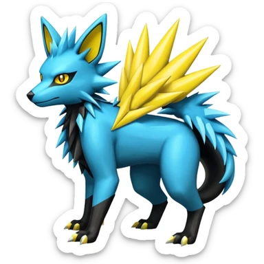 Shiny badass cool edgy spikey fluffy realistic cyan yellow white electric complex futuristic Zeraora-Luxray-Electrike-Umbreon-Manectric-Weregarurumon-fusion-creature (full body) (4 legs) sticker