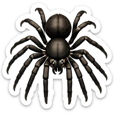Close-up of a giant hairy black tarantula in its natural habitat, with intricate web details surrounding it. The spider's texture is highlighted, emphasizing its hairy legs and features. Soft background with natural elements like leaves or rocks. Transparent background. sticker