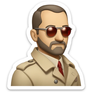1930s investigator, a Caucasian man with short, buzz cut dark hair and a rough beard, wears tiny red-tinted sunglasses and a dirty beige trench lab coat. He has a serious demeanor. sticker