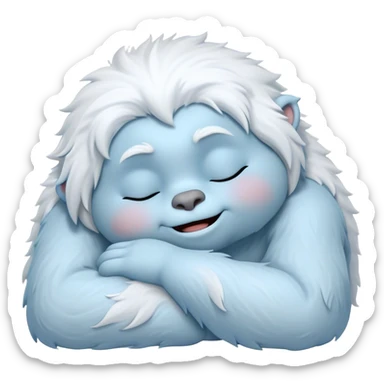Meme-Worthy Cute Sleeping Yeti Portrait Emoji, with a charming, fluffy, snow-dusted figure in gentle whites and cool blues, head resting in blissful, serene slumber with closed, peaceful eyes and a small, contented smile, simplified yet irresistibly adorable, highly detailed with a soft frosty outline that captures the tender drowsiness of a yeti drifting into snowy dreams! sticker