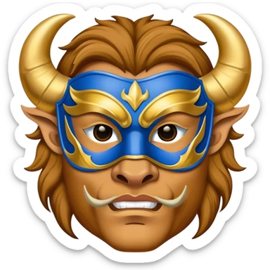 a man, with a Blue vest,  wear half-face golden Buffalo masquerade mask sticker
