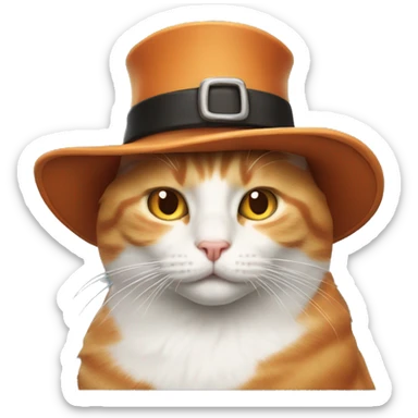An orange and white cat wearing a pilgrim hat sticker