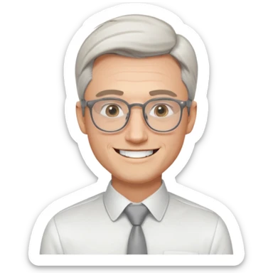 30 yr old pale white man, white/grey side swept stylish hair, round glasses, big smile, white teeth, handsome, longer hair, thin glasses, white dress shirt, smooth forehead, botox, no tie sticker