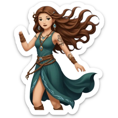 moon druid woman long wavy brown hair tattoos pulling rune card from air sticker