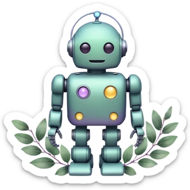 watercolor-style emoji of robot silhouette with “AI” inside a lilac cloud, connected to a soft circuit shape. gentle pastel palette (sage green, blush, lilac), surrounded by leaves, moon, and stars — poetic and calm aesthetic. sticker