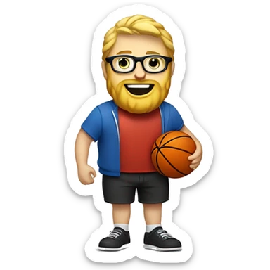 a blond guy with a beard, glasses, and a goofy grin, who has a thick face but isn't fat, holding a basketball in one hand and a volleyball in the other with a whistle around their neck. Should be wearing shorts and a t-shirt and red crocs. sticker