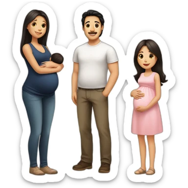 dad with black hair, pregnant mum with long brown hair, baby girl with light brown hair sticker