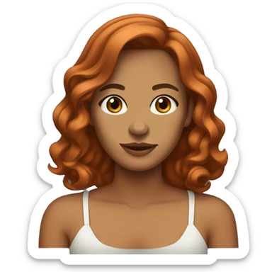 woman with medium tan skin, copper red hair that is medium length and curled on the bottom with curtain bangs. Brown/Hazel eyes. sticker