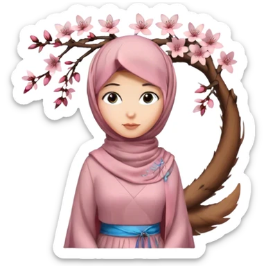 Turkish beautiful finish Konya girl blue eyes with hijab and long tail cherry blossom design dress sticker