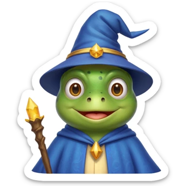 create a peepo the frog emoji that is a wizard like this one called zabuzard but kabukard instead give it a wizard hat and a blue shirt like always give it a good smile sticker