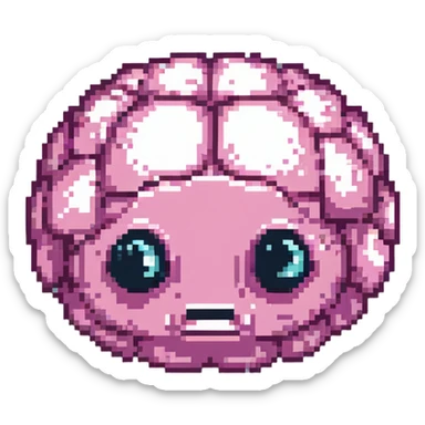 16-bit pixel art of a pink brain-shaped blob with sad droopy eyes and downturned mouth, smooth rounded brain texture, simple retro gaming style sticker