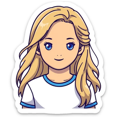 girl with long dirty blond hair, blue eyes, wearing a white top sticker