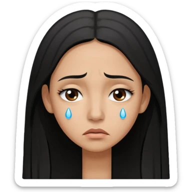 Sad crying woman with long straight black hair, brown skin tone, teardrops on face, worried eyebrows, neutral mouth sticker
