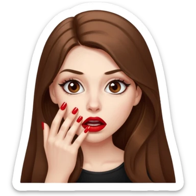 A girl with long brown hair, eyeliner, long lashes, light brown eyes, pale skin and red lipstick biting her nails nervously and looking scared. sticker