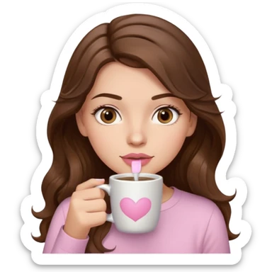 girl with wavy long brown hair, brown eyes, light to medium complexion, long lashes, light pink lipstick, wearing light pink shirt, sipping coffee sticker