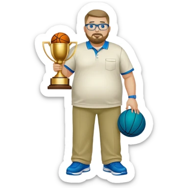 full body white obese male basketball coach with trophy. Goatee , Wearing glasses and blue and green polio with khaki pants sticker
