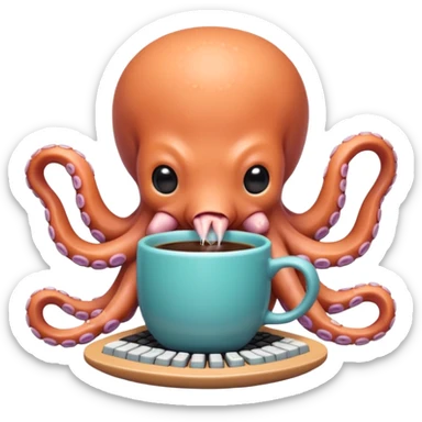 A cute chibi octopus sitting at a tiny desk, typing on a miniature keyboard with all eight arms while sipping coffee from a giant mug. Vibrant pastel colors, rounded edges, extremely expressive, sticker-style, transparent background. sticker