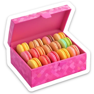 a box of assorted macarons in a pink patterned box, iOS 3D emoji style, shiny and smooth, detailed, playful and appetizing appearance sticker