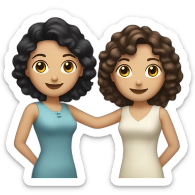 tan mid-sized woman with black curly hair shakes hands with a mid-sized pale woman who has straight brown hair sticker