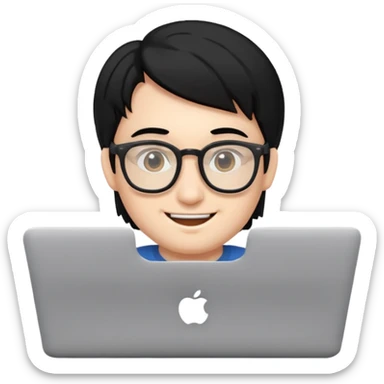 make an emoji of a happy malenerd  black hair developer behind laptop sticker