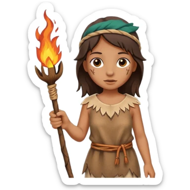 ancient girl, tattered animal skin cloth, hold fire stick sticker