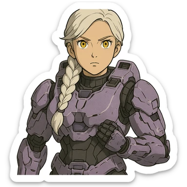 female, wearing reach spartan armor default, long white braid hair, gold yellow eyes, attention pose, halo series, no helmet, the armor is lavender color scheme and has no shoulder pad attachments. DDD bust size fitting. Punk gothic cyberpunk sticker
