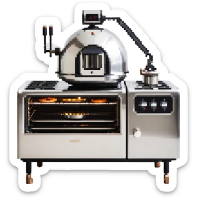 A robotic baker with stainless steel limbs, built-in mixers, and a retro-futuristic oven. The environment is industrial-chic: brushed metal surfaces, LED panels, and mechanical arms. UI mimics control panels with toggle switches, rivets, and analog dials. sticker