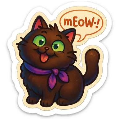 Fluffy cute derpy silly goofy funny dark-brown cat with green eyes and a purple scarf saying ‘mEoW~!’ (With a speech bubble) sticker