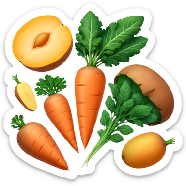 Plant sources of vitamin A (carotenoids): carrots, sweet potatoes, spinach, kale, mangoes, and apricots glowing with a soft orange-yellow light representing their provitamin A content that needs to be converted by the body. sticker