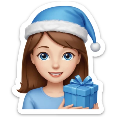 winking girl with brown hair and blue eyes, holding a present and wearing a birthday hat sticker