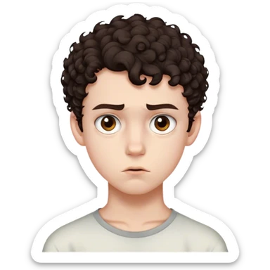 Teenage boy who has short dark brown curly hair with shaved sides, brown eyes, pale-ish skin, and has an unamused expression sticker