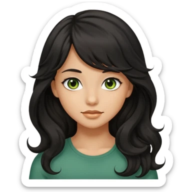 beautiful girl with black wavy long hair and side-swept bangs, tan skin, and greenish-hazel eyes sticker