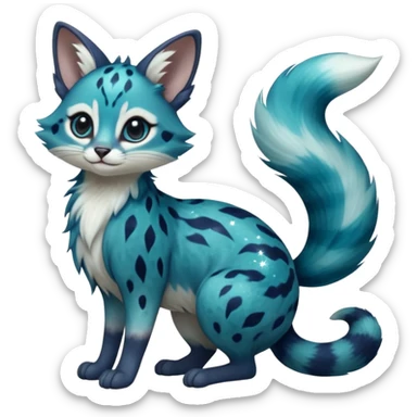 Hyper realistic  galaxy-swirl indigo-teal fur scattered with star-salt sparkle grains beautiful elegant pretty precious cute  Fakémon-Pokémon-opossum-feline-serval-caracal-chinchilla-Furret-Minccino-hybrid-creature with a big fluffy bushy tail (full body) sticker