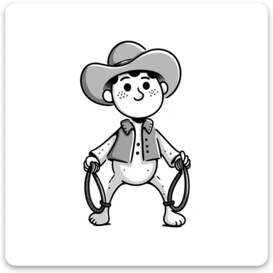 A hand-drawn plush baby cowboy toy with a lasso and cute freckles sticker
