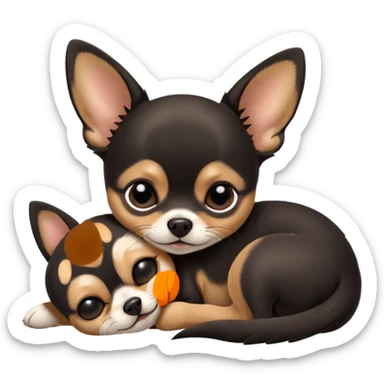A high-resolution photo-realistic digital illustration of a cute black and tan chihuahua with big eyes shut sleeping lazily on the ground sticker