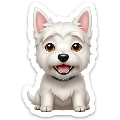Cinematic Comical West Highland White Terrier Portrait Emoji, Head tilted dramatically with an exaggeratedly shocked or amused expression, featuring a sleek, pristine white coat with perky ears and wide, expressive dark eyes filled with playful disbelief, Simplified yet hilariously expressive features, highly detailed, glowing with a slightly sassy glow, high shine, dramatic yet playful, stylized with an air of cheeky mischief, bright and endearing, soft glowing outline, capturing the essence of a spirited and over-the-top companion, so meme-worthy it feels like it could side-eye its way into internet fame instantly! sticker