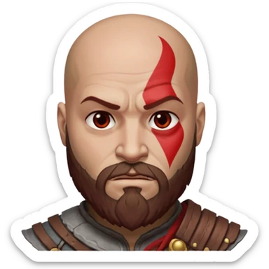 Kratos from God of War as an Android-style emoji, featuring his bald head, red tattoo, beard, and stern expression, simplified and iconic, with a flat, minimal look and Android emoji color palette sticker