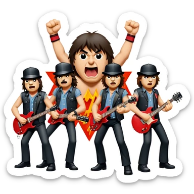 Cinematic Realistic AC/DC Band Emoji, depicted as a high-energy rock ensemble with electrifying stage presence and gritty textures, rendered with bold vibrant lighting that captures the raw power and rebellious spirit of their music. sticker