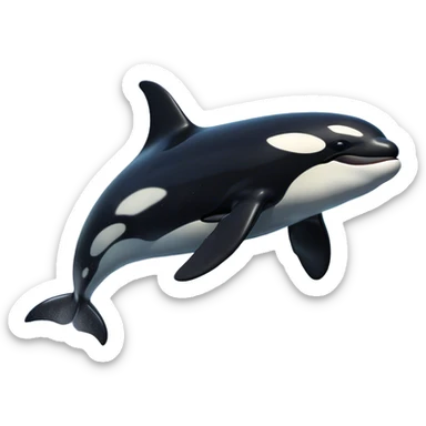 Meme-Worthy Breaching orca Portrait Emoji, Bursting powerfully out of the ocean with an impressive, high-energy leap, showcasing a sleek black-and-white body glistening with water droplets and dynamic, arched posture, Simplified yet exhilaratingly expressive features, highly detailed, glowing with a vibrant marine energy, high shine, bold and full of life, stylized with an air of untamed ocean spirit, soft glowing outline, capturing the essence of an orca mid-breach, radiating pure, unstoppable aquatic power! sticker