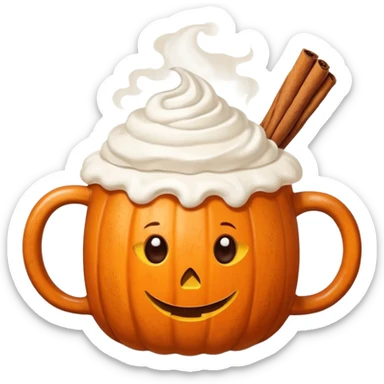 Steaming coffee Mug with whipped Cream and cinnamon Dust on Cream.  Small Punkin and 3 sticks of cinnamon next to mug sticker