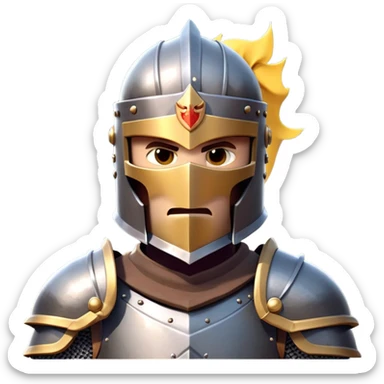 clash-of-clans-aesthetic_-cinematic-fearsome-and-majestic-knight-bust-portrait-emoji, rendered in a flat, vector-style with minimal shading and bold, simplified shapes, depicting a battle-ready medieval knight with steely eyes and intricate armor, mounted on a warhorse reflecting sunlight over a misty battlefield. sticker