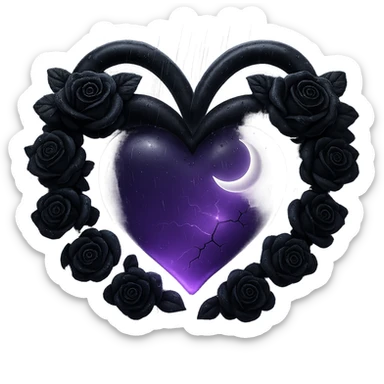 Add much more rain and thick mist to the scene, keeping the prominent black roses, gothic heart, purple glass with a crescent moon, dripping effect, faint lightning in the background, cracked glass with a glowing mist. The style should resemble 3D emoji style. Remove the background. sticker