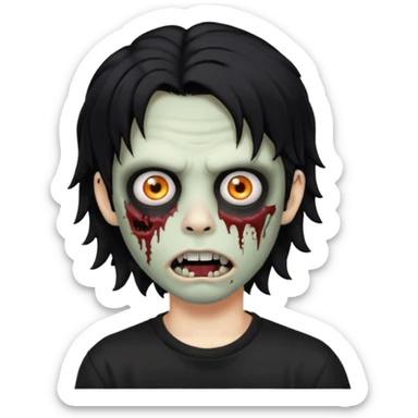a boy with wavy hair, a zombie-shaped mouth piercing hum, and black hair with a black shirt too, and medium-length, wavy black hair, almost shoulder-length, with a lip piercing. with white skin sticker