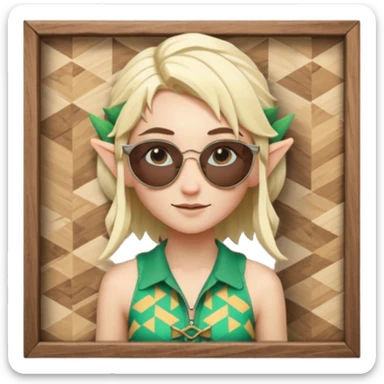 elf female legolas portrait, patterned board shorts (geometric/abstract), unique wooden-framed sunglasses, undercut hairstyle, slight smirk, visible pointy ears, no background, centered emoji, hipster summer vibe coctails sticker