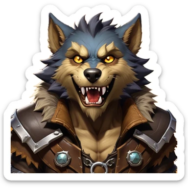 Cinematic Realistic WoW Worgen Portrait, head tilted dramatically with an exaggeratedly amused expression, blending ferocious beastliness with a touch of unexpected humor. His rugged fur, tanned skin, and worn leather garments are rendered with meticulous detail and dynamic lighting, high shine, dramatic yet whimsical, capturing the essence of a worgen whose epic might is tempered by a playful, irreverent charm. sticker